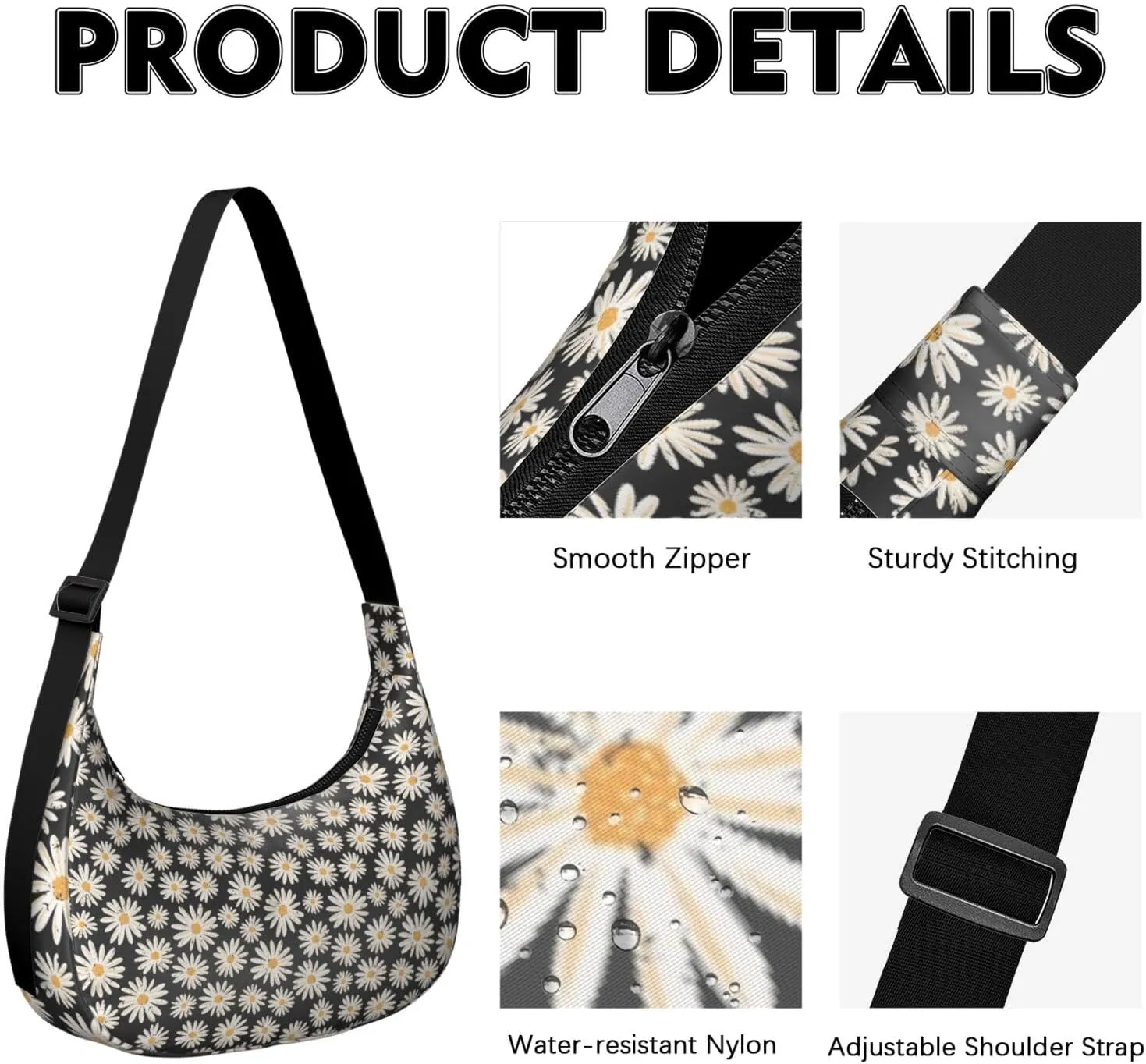 Nylon Crescent Bag for Women, Floral Theme Medium Crossbody Bags with Adjustable Strap Shoulder Tote Half Moon Bag