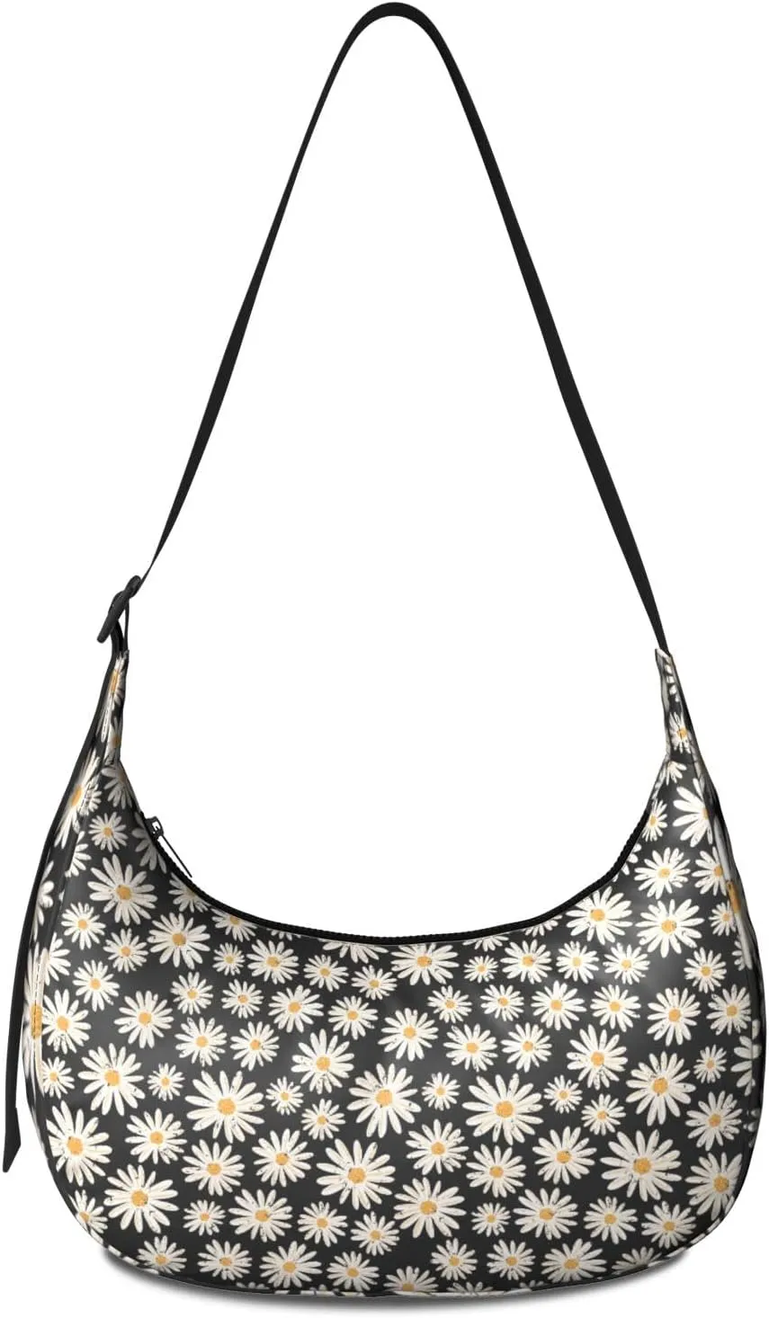 Nylon Crescent Bag for Women, Floral Theme Medium Crossbody Bags with Adjustable Strap Shoulder Tote Half Moon Bag