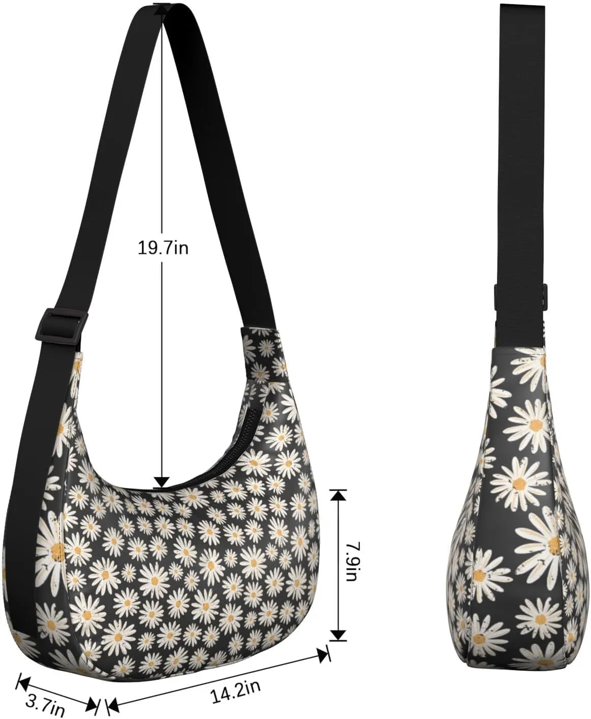 Nylon Crescent Bag for Women, Floral Theme Medium Crossbody Bags with Adjustable Strap Shoulder Tote Half Moon Bag