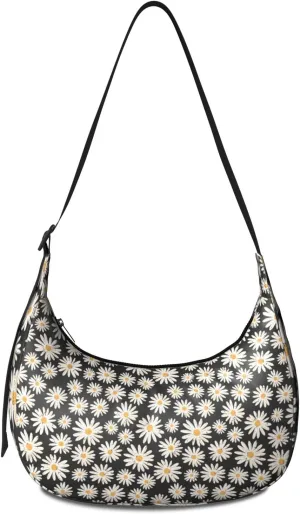 Nylon Crescent Bag for Women, Floral Theme Medium Crossbody Bags with Adjustable Strap Shoulder Tote Half Moon Bag