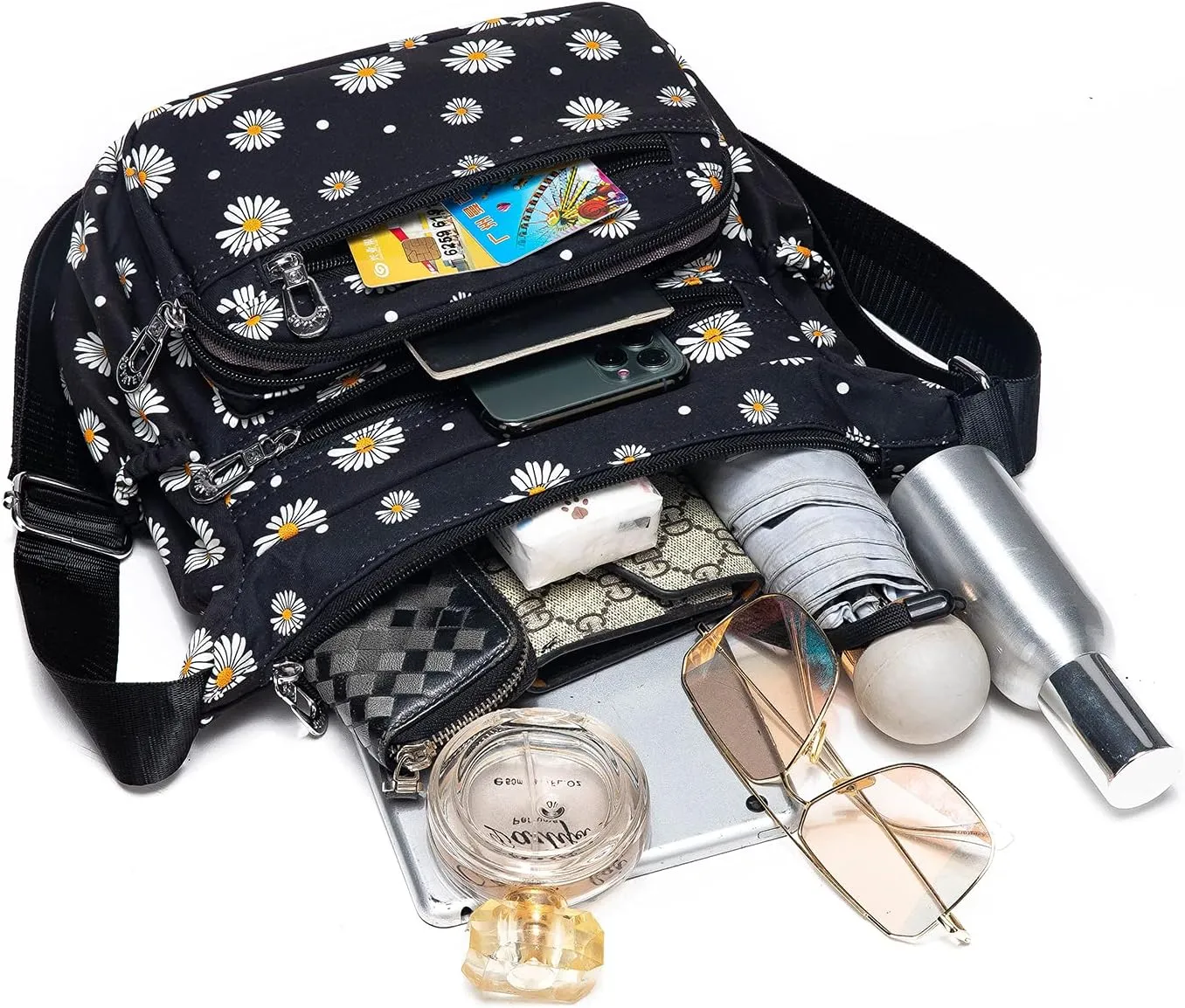 Nylon Floral Multi-Pocket Crossbody Purse Bags for Women Travel Shoulder Bag