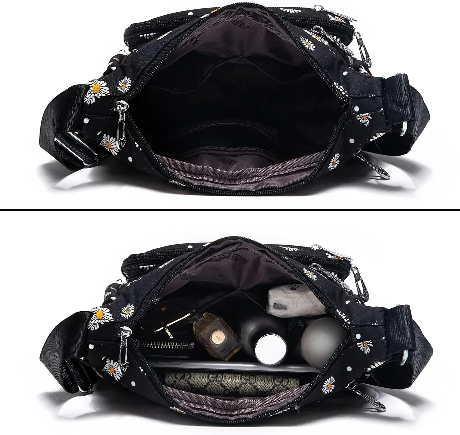 Nylon Floral Multi-Pocket Crossbody Purse Bags for Women Travel Shoulder Bag