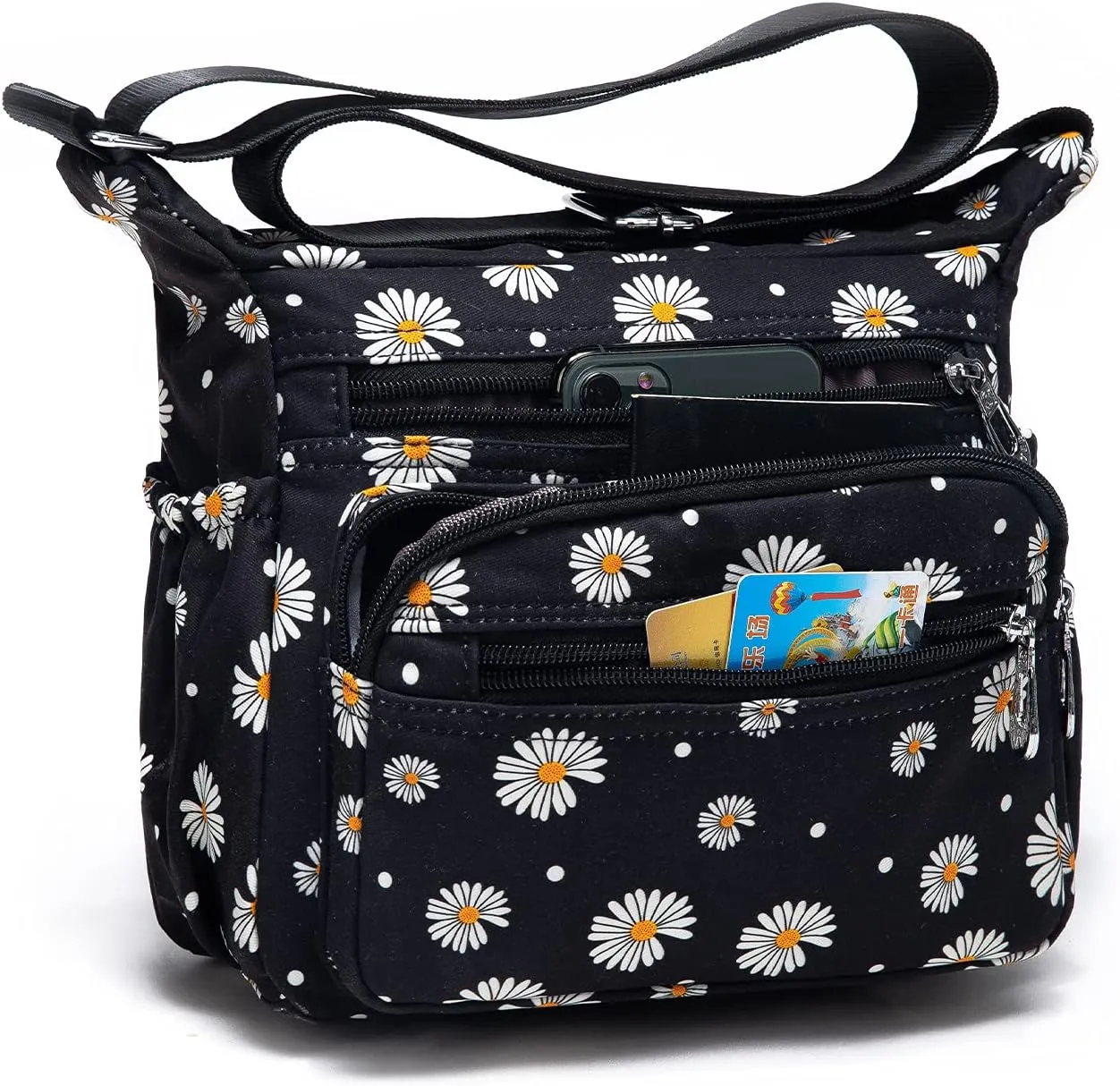 Nylon Floral Multi-Pocket Crossbody Purse Bags for Women Travel Shoulder Bag