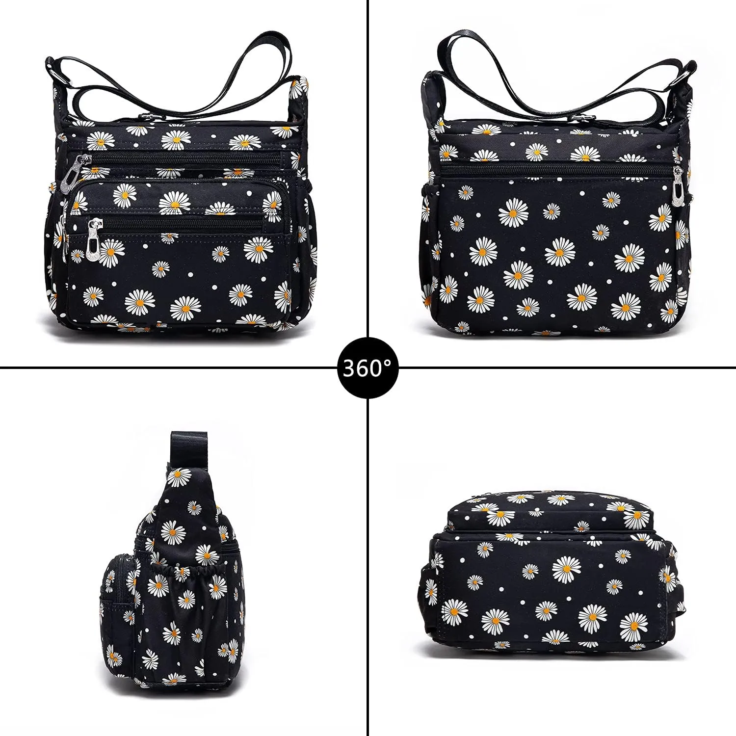Nylon Floral Multi-Pocket Crossbody Purse Bags for Women Travel Shoulder Bag
