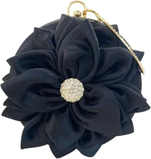 Obosoyo Women Flower Shaped Rhinestone Clutch Soft Satin Wristlet Handbag Round Purse Wedding Party Purse Clutch Evening Bag