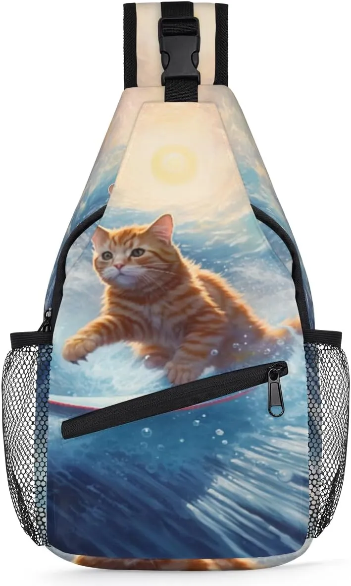 Oil Painting Surfing Cat Sling Bag for Women Men, Lightweight Crossbody Sling Backpack Shoulder Pack Multipurpose Chest Bag for Travel Hiking Gym Cycling