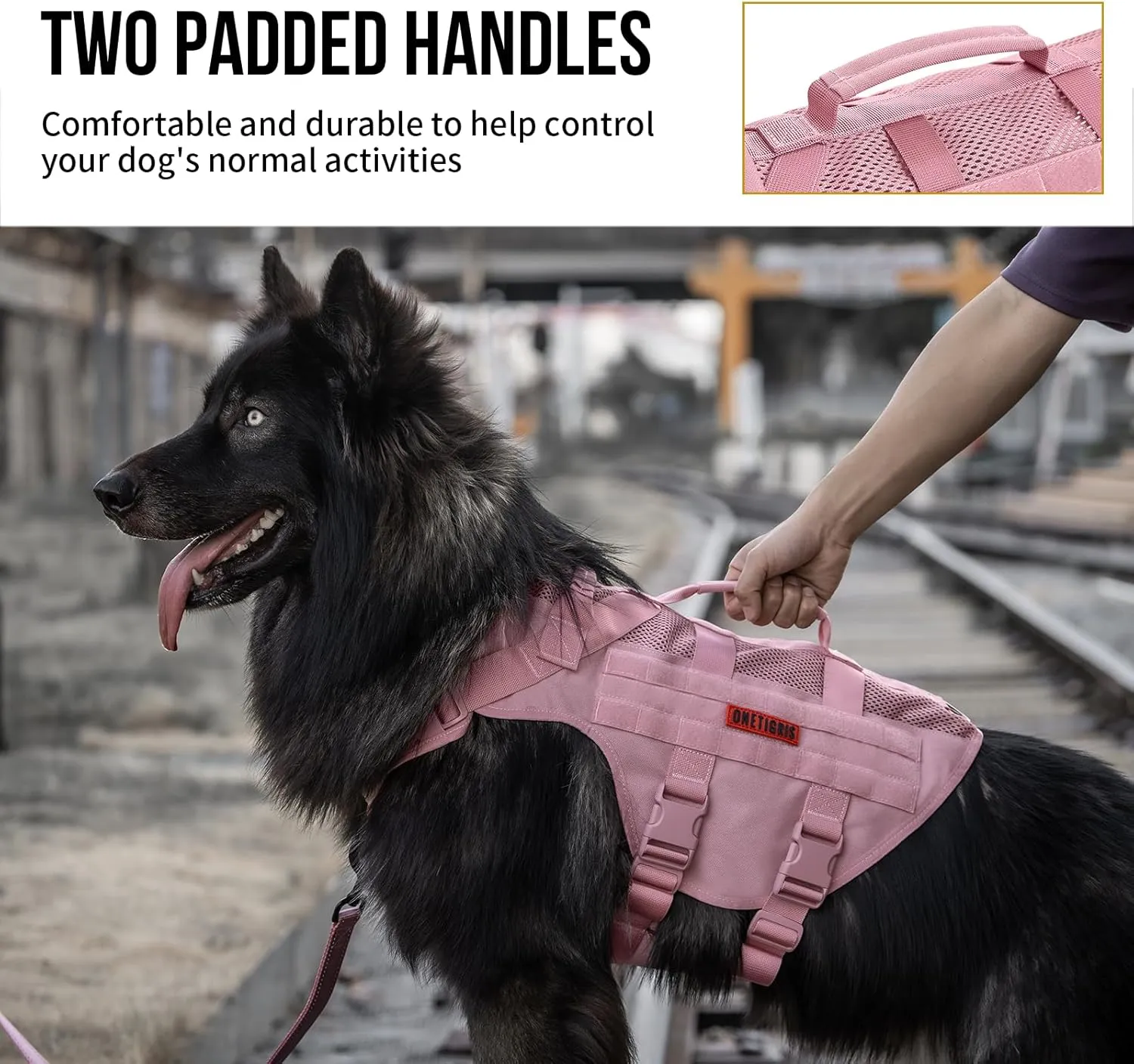 OneTigris Tactical Dog Harness for Small Dog, No Pull Vest with Handles, Breathable Military Dog Molle Vests, Harness for Walking Hiking Training (Pink, X-Large)