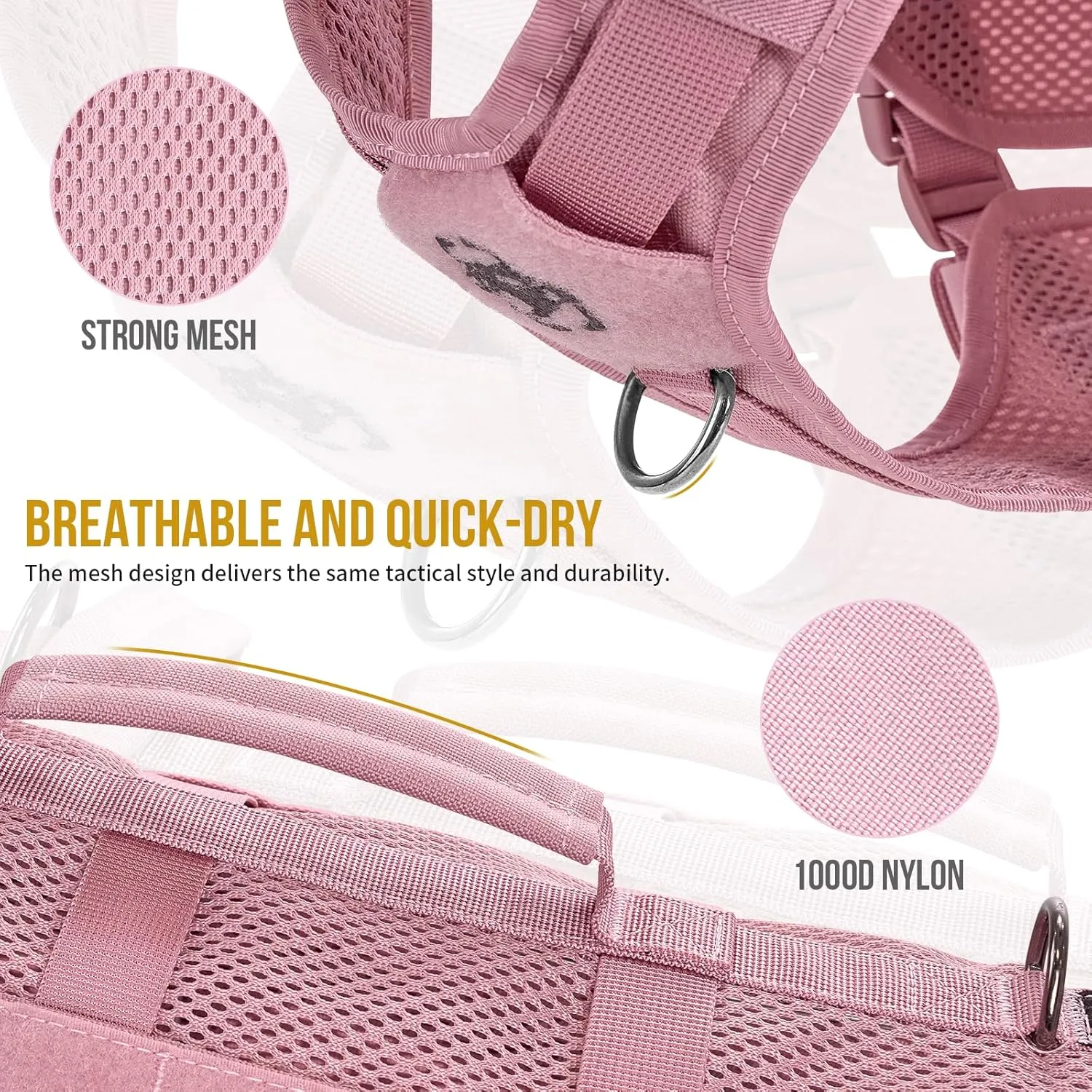 OneTigris Tactical Dog Harness for Small Dog, No Pull Vest with Handles, Breathable Military Dog Molle Vests, Harness for Walking Hiking Training (Pink, X-Large)