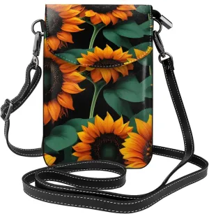 Orange Sunflower Wallpaper Print Small Cell Phone Leather Purse Adjustable Shoulder Rope Crossbody Bags For Women