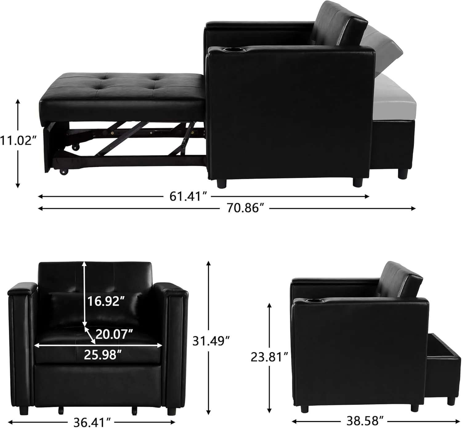 ORRD Convertible Chair Bed, 3-in-1 Multi-Functional Faux Leather Sleeper Sofa Pull-Out Couch Chair Bed with Adjustable Backrest and Hidden Side Table for Living Room, Small Space, Apartment (Black)