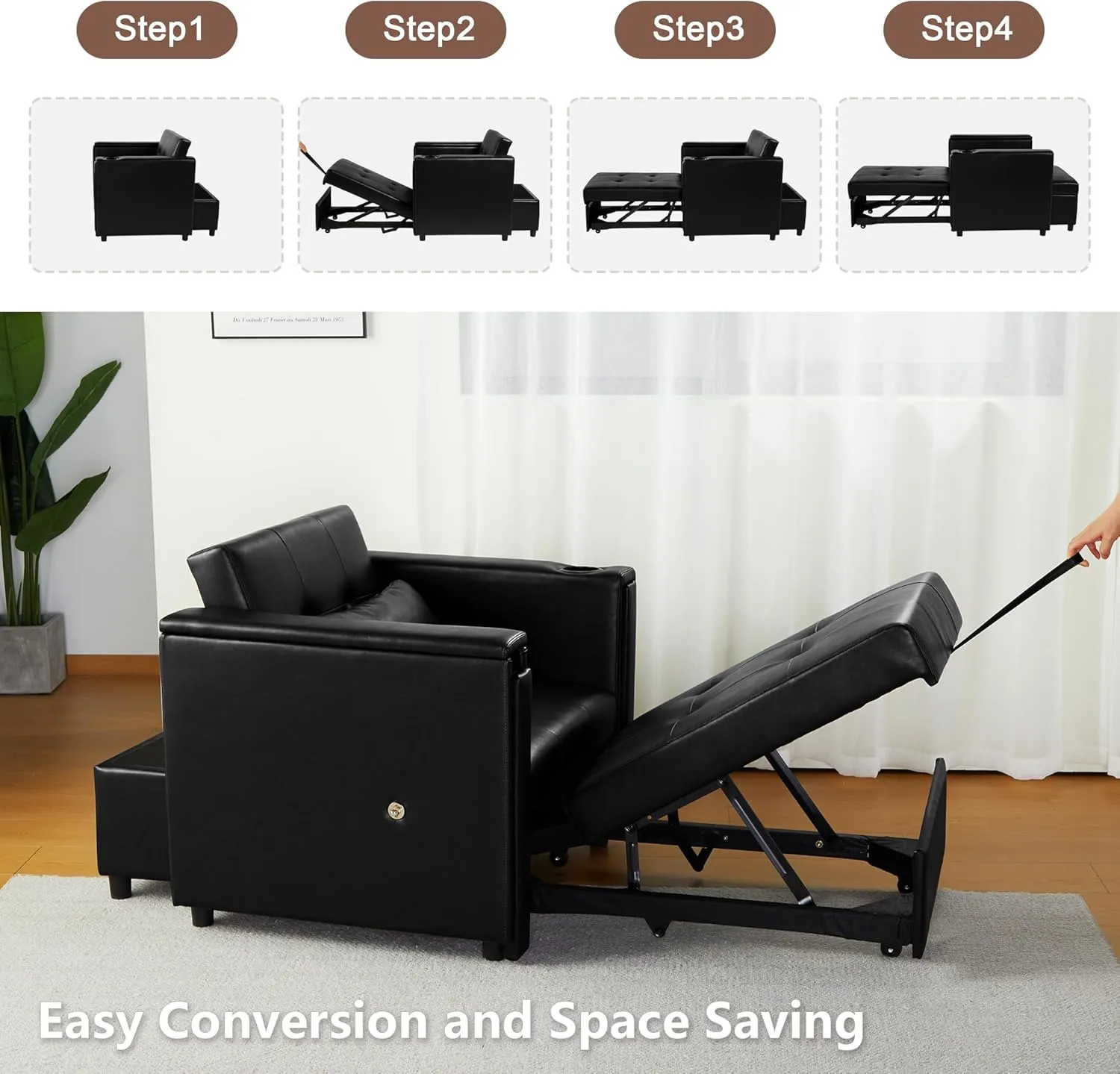 ORRD Convertible Chair Bed, 3-in-1 Multi-Functional Faux Leather Sleeper Sofa Pull-Out Couch Chair Bed with Adjustable Backrest and Hidden Side Table for Living Room, Small Space, Apartment (Black)
