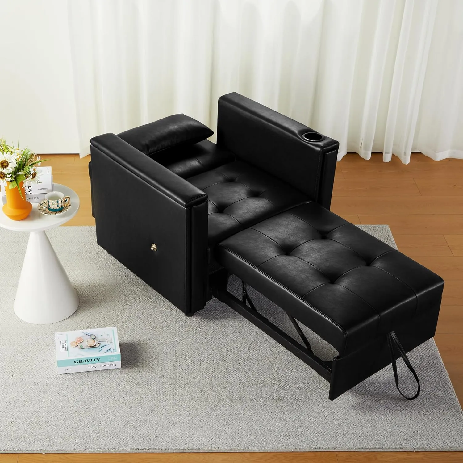 ORRD Convertible Chair Bed, 3-in-1 Multi-Functional Faux Leather Sleeper Sofa Pull-Out Couch Chair Bed with Adjustable Backrest and Hidden Side Table for Living Room, Small Space, Apartment (Black)
