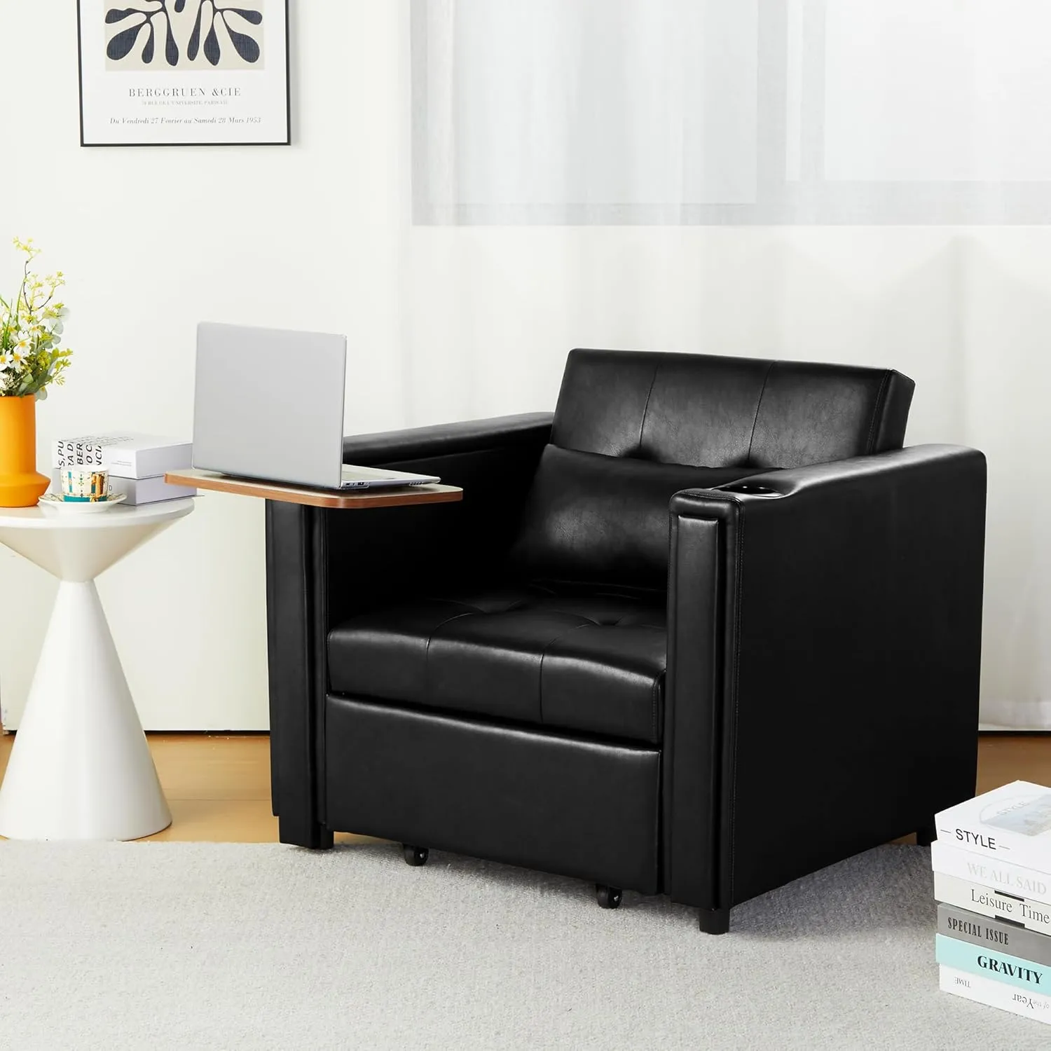 ORRD Convertible Chair Bed, 3-in-1 Multi-Functional Faux Leather Sleeper Sofa Pull-Out Couch Chair Bed with Adjustable Backrest and Hidden Side Table for Living Room, Small Space, Apartment (Black)