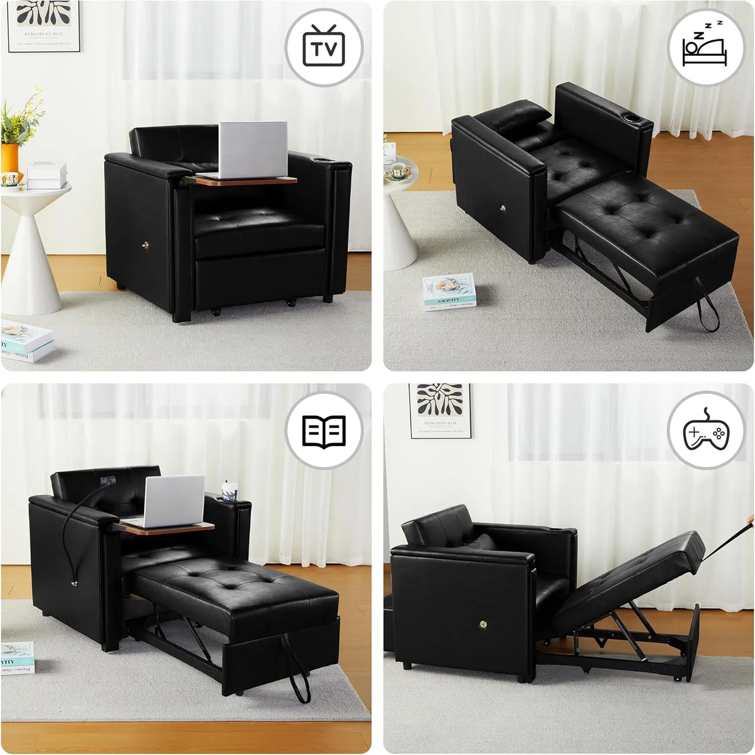 ORRD Convertible Chair Bed, 3-in-1 Multi-Functional Faux Leather Sleeper Sofa Pull-Out Couch Chair Bed with Adjustable Backrest and Hidden Side Table for Living Room, Small Space, Apartment (Black)