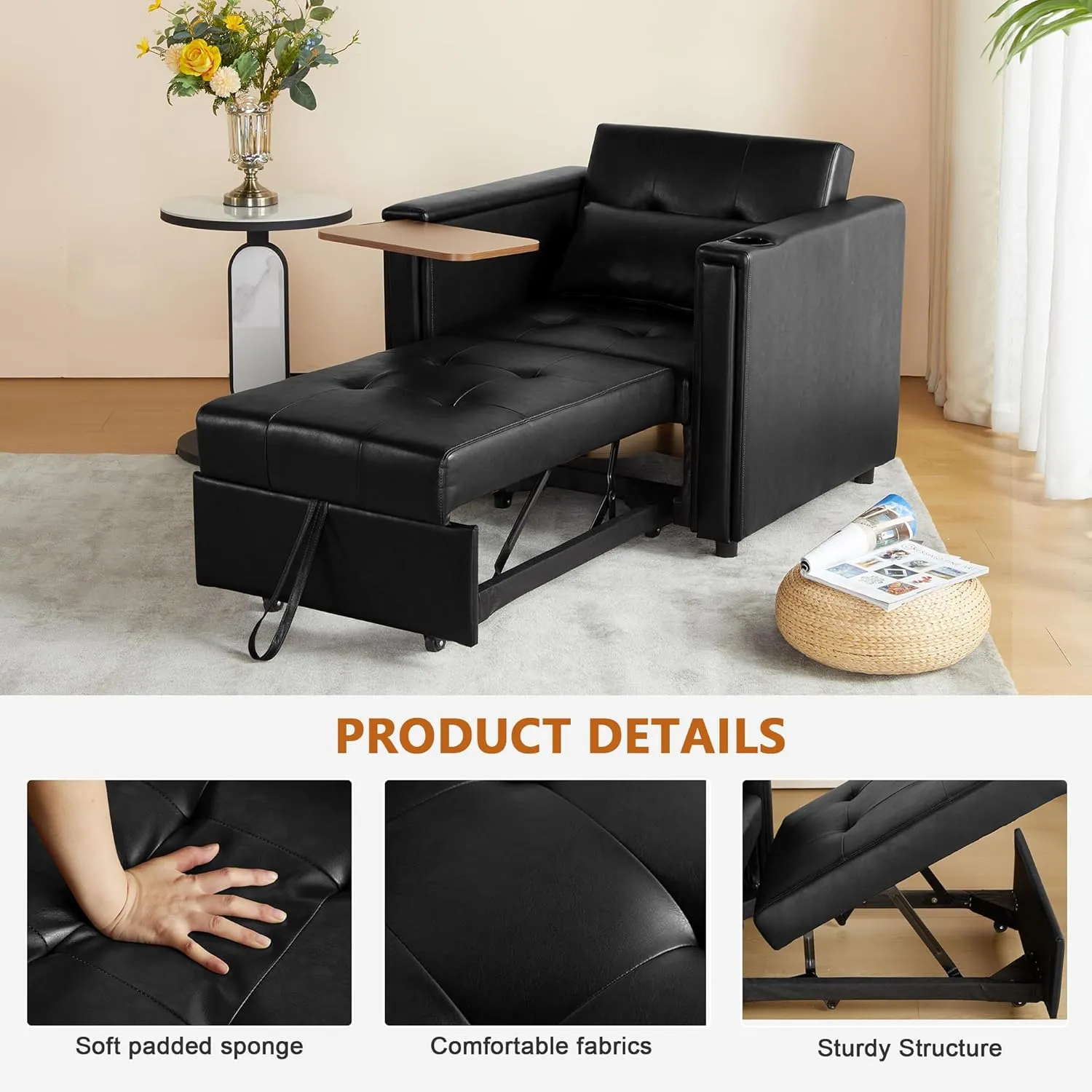 ORRD Convertible Chair Bed, 3-in-1 Multi-Functional Faux Leather Sleeper Sofa Pull-Out Couch Chair Bed with Adjustable Backrest and Hidden Side Table for Living Room, Small Space, Apartment (Black)