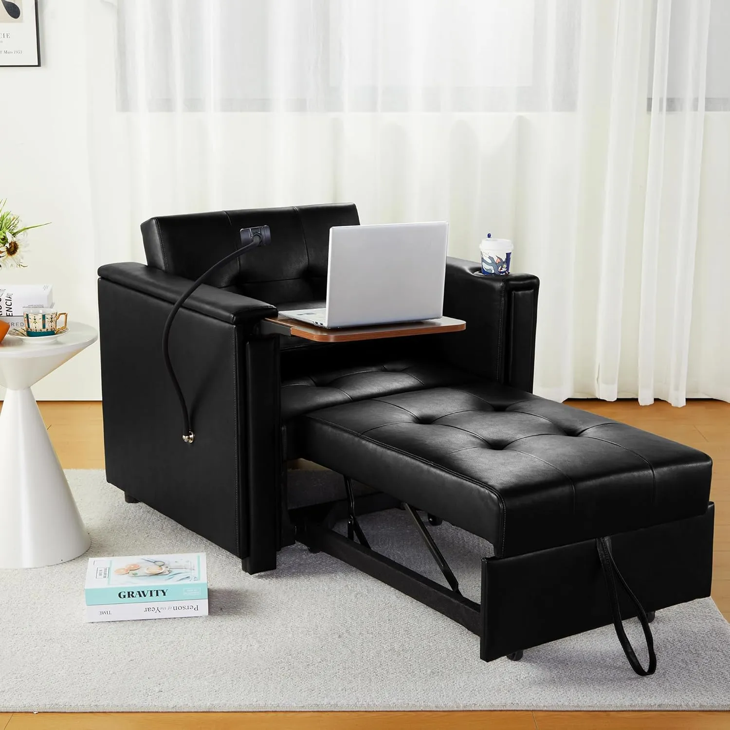 ORRD Convertible Chair Bed, 3-in-1 Multi-Functional Faux Leather Sleeper Sofa Pull-Out Couch Chair Bed with Adjustable Backrest and Hidden Side Table for Living Room, Small Space, Apartment (Black)