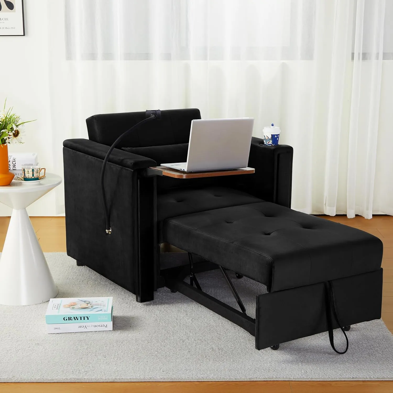 ORRD Convertible Chair Bed, 3-in-1 Multi-Functional Velvet Sleeper Sofa Pull-Out Couch Chair Bed with Adjustable Backrest and Hidden Side Table for Living Room, Small Space, Apartment (Black)