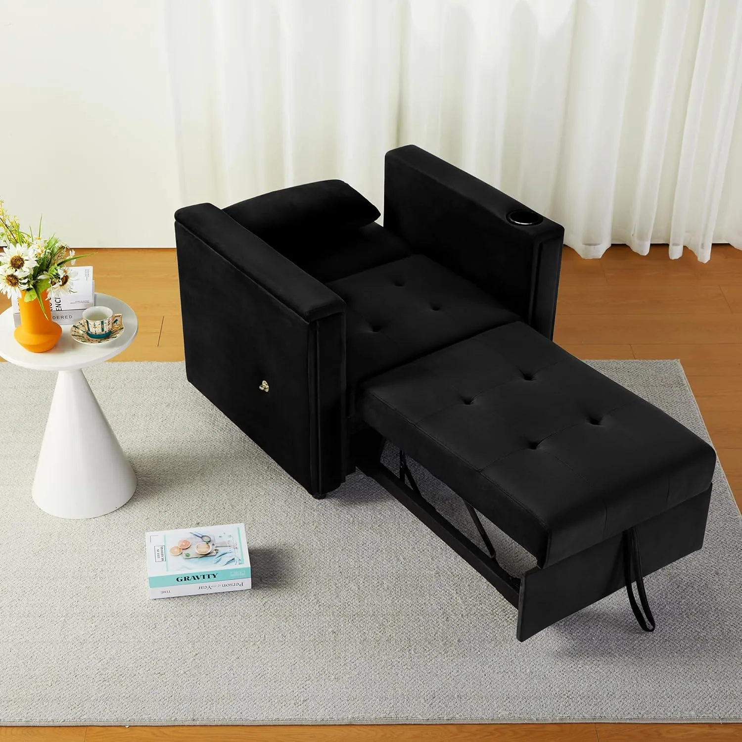 ORRD Convertible Chair Bed, 3-in-1 Multi-Functional Velvet Sleeper Sofa Pull-Out Couch Chair Bed with Adjustable Backrest and Hidden Side Table for Living Room, Small Space, Apartment (Black)