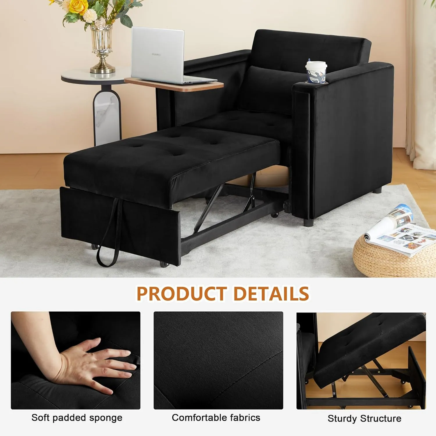 ORRD Convertible Chair Bed, 3-in-1 Multi-Functional Velvet Sleeper Sofa Pull-Out Couch Chair Bed with Adjustable Backrest and Hidden Side Table for Living Room, Small Space, Apartment (Black)