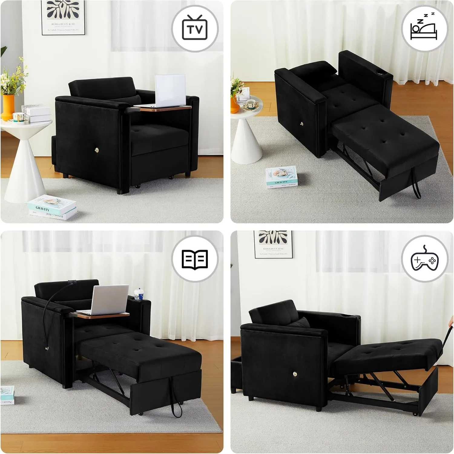 ORRD Convertible Chair Bed, 3-in-1 Multi-Functional Velvet Sleeper Sofa Pull-Out Couch Chair Bed with Adjustable Backrest and Hidden Side Table for Living Room, Small Space, Apartment (Black)