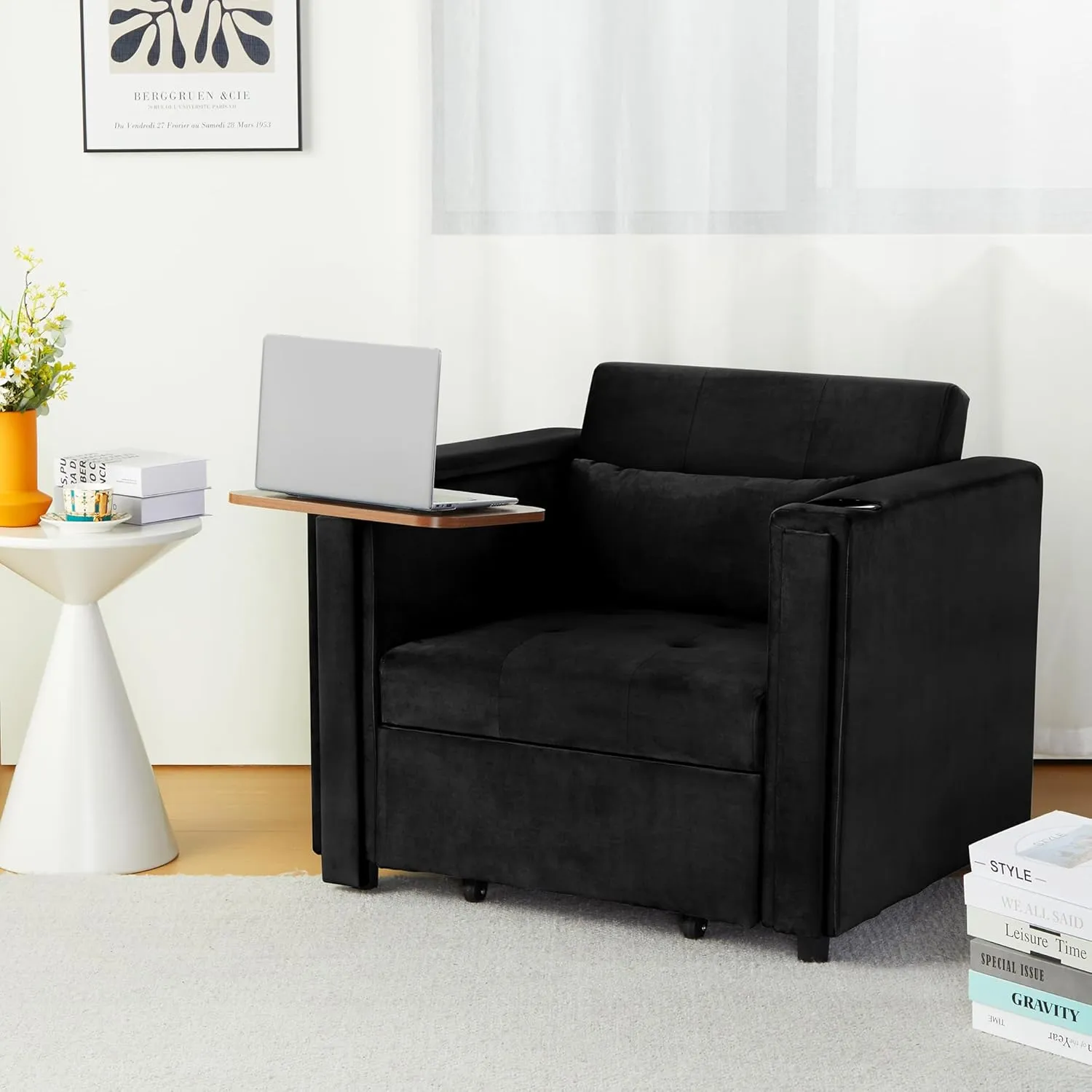 ORRD Convertible Chair Bed, 3-in-1 Multi-Functional Velvet Sleeper Sofa Pull-Out Couch Chair Bed with Adjustable Backrest and Hidden Side Table for Living Room, Small Space, Apartment (Black)