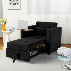 ORRD Convertible Chair Bed, 3-in-1 Multi-Functional Velvet Sleeper Sofa Pull-Out Couch Chair Bed with Adjustable Backrest and Hidden Side Table for Living Room, Small Space, Apartment (Black)