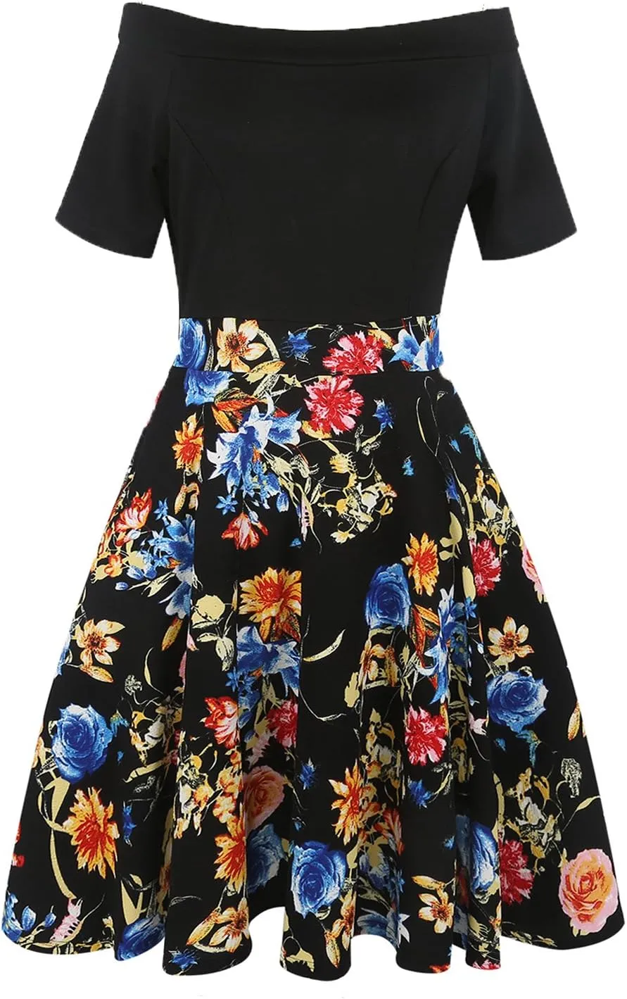 oxiuly Women's Vintage Off Shoulder Pockets Casual Floral A-Line Party Cocktail Swing Dress OX232