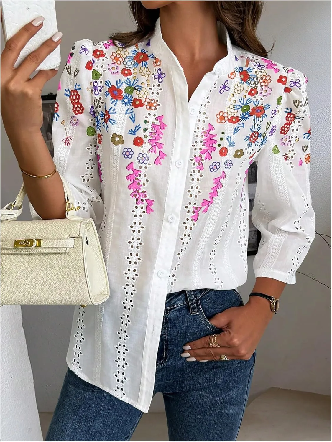 OYOANGLE Women's Floral Eyelet Embroidery Band Collared 3/4 Puff Sleeve Blouses Button Down Casual Shirts