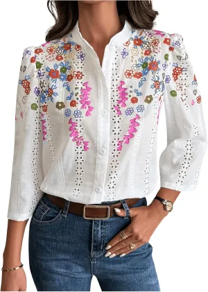 OYOANGLE Women's Floral Eyelet Embroidery Band Collared 3/4 Puff Sleeve Blouses Button Down Casual Shirts