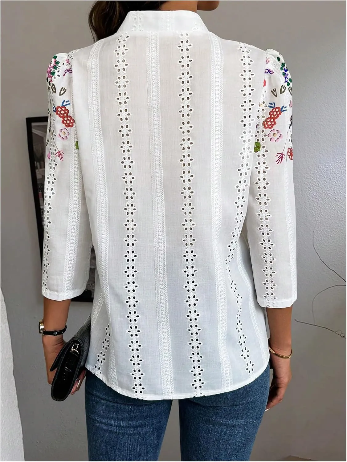 OYOANGLE Women's Floral Eyelet Embroidery Band Collared 3/4 Puff Sleeve Blouses Button Down Casual Shirts