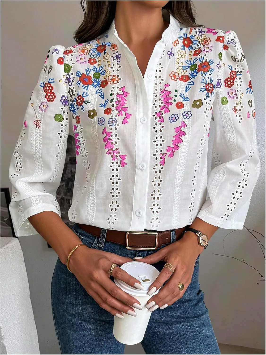 OYOANGLE Women's Floral Eyelet Embroidery Band Collared 3/4 Puff Sleeve Blouses Button Down Casual Shirts