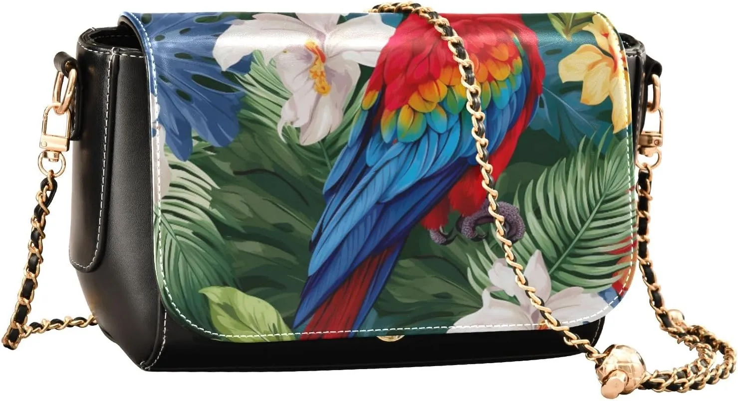 Parrot with Leaves and Flowers Women Leather Crossbody Bag, Crossbody Bags for Women, Zipper Shoulder Bag
