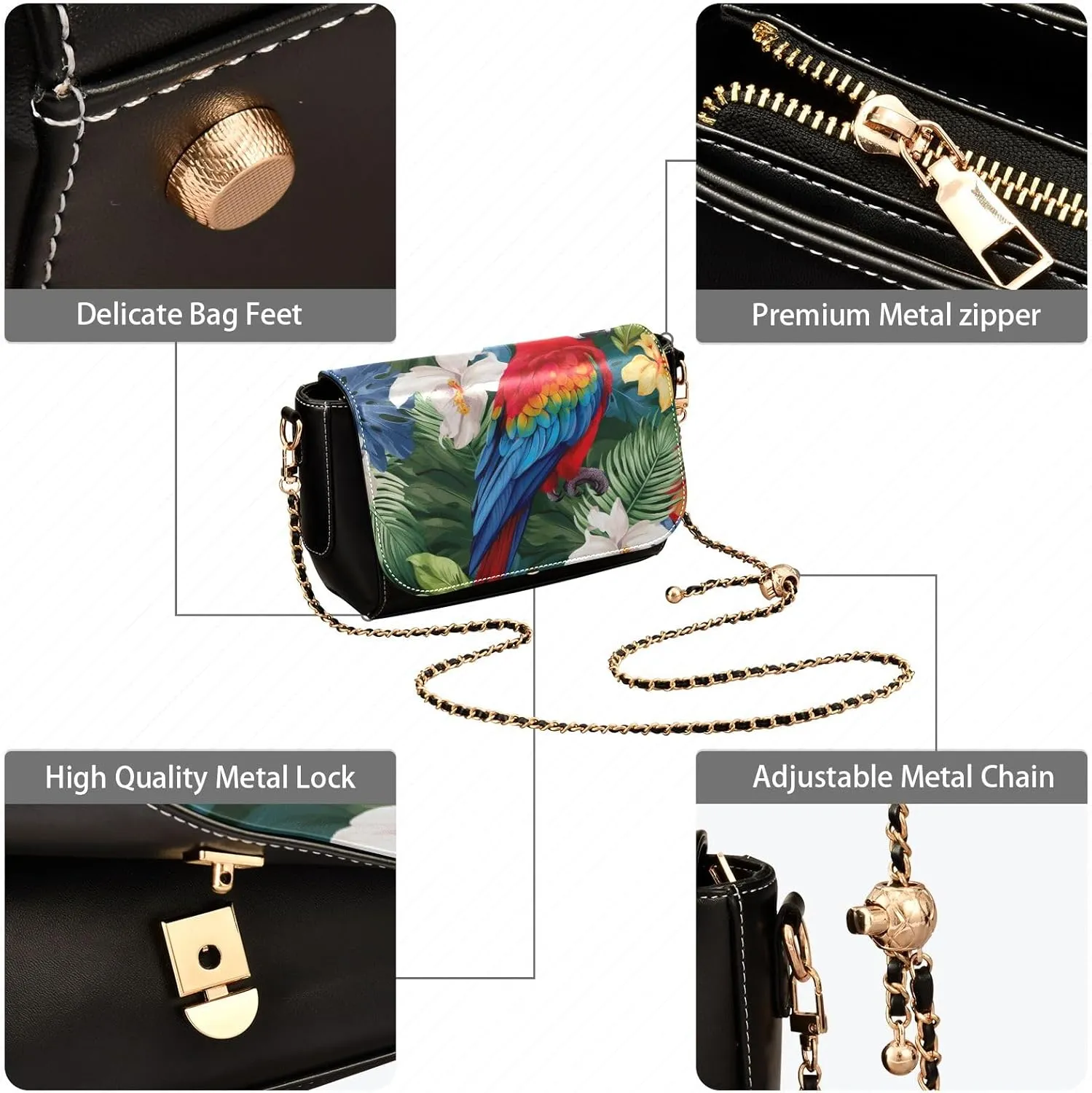 Parrot with Leaves and Flowers Women Leather Crossbody Bag, Crossbody Bags for Women, Zipper Shoulder Bag
