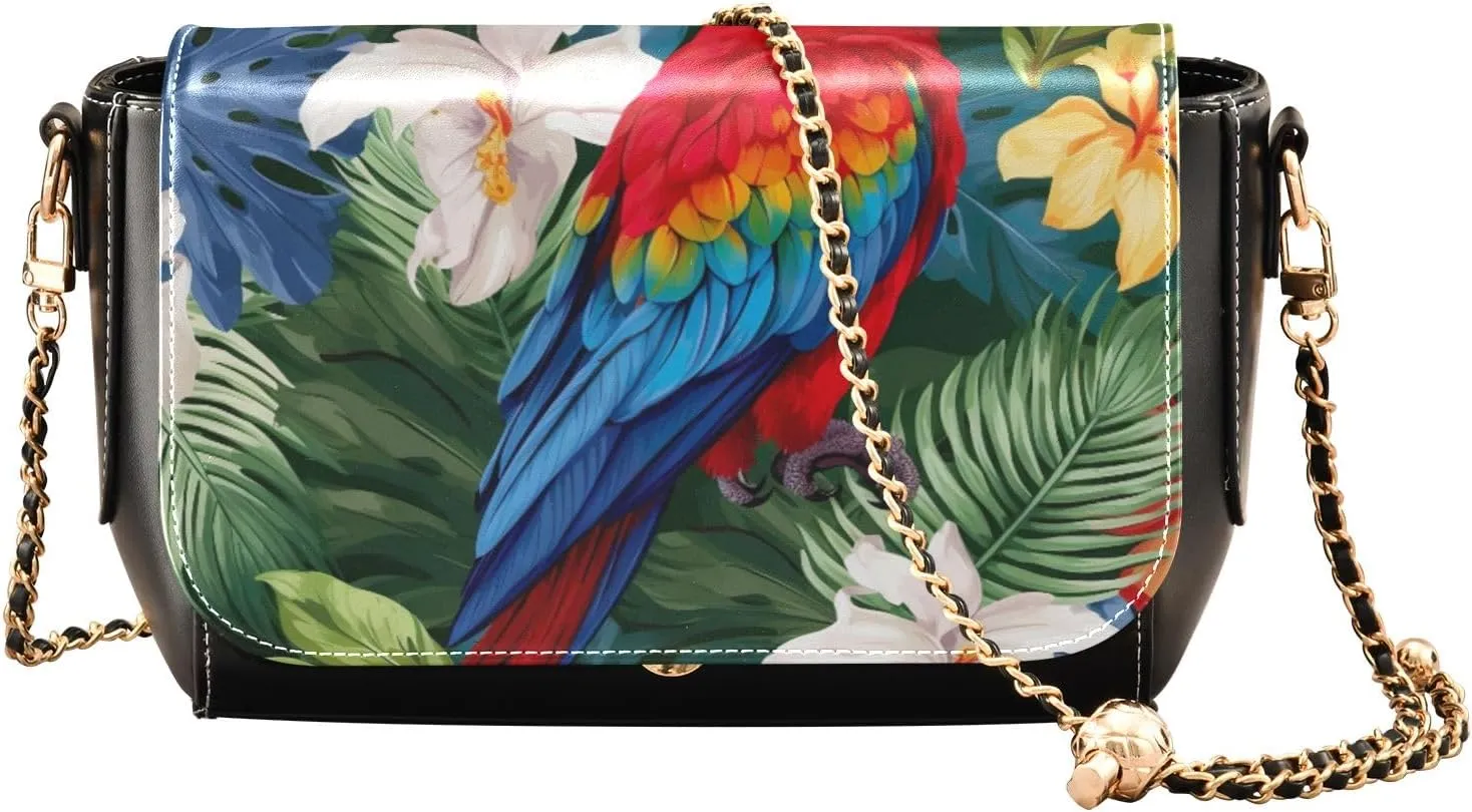 Parrot with Leaves and Flowers Women Leather Crossbody Bag, Crossbody Bags for Women, Zipper Shoulder Bag