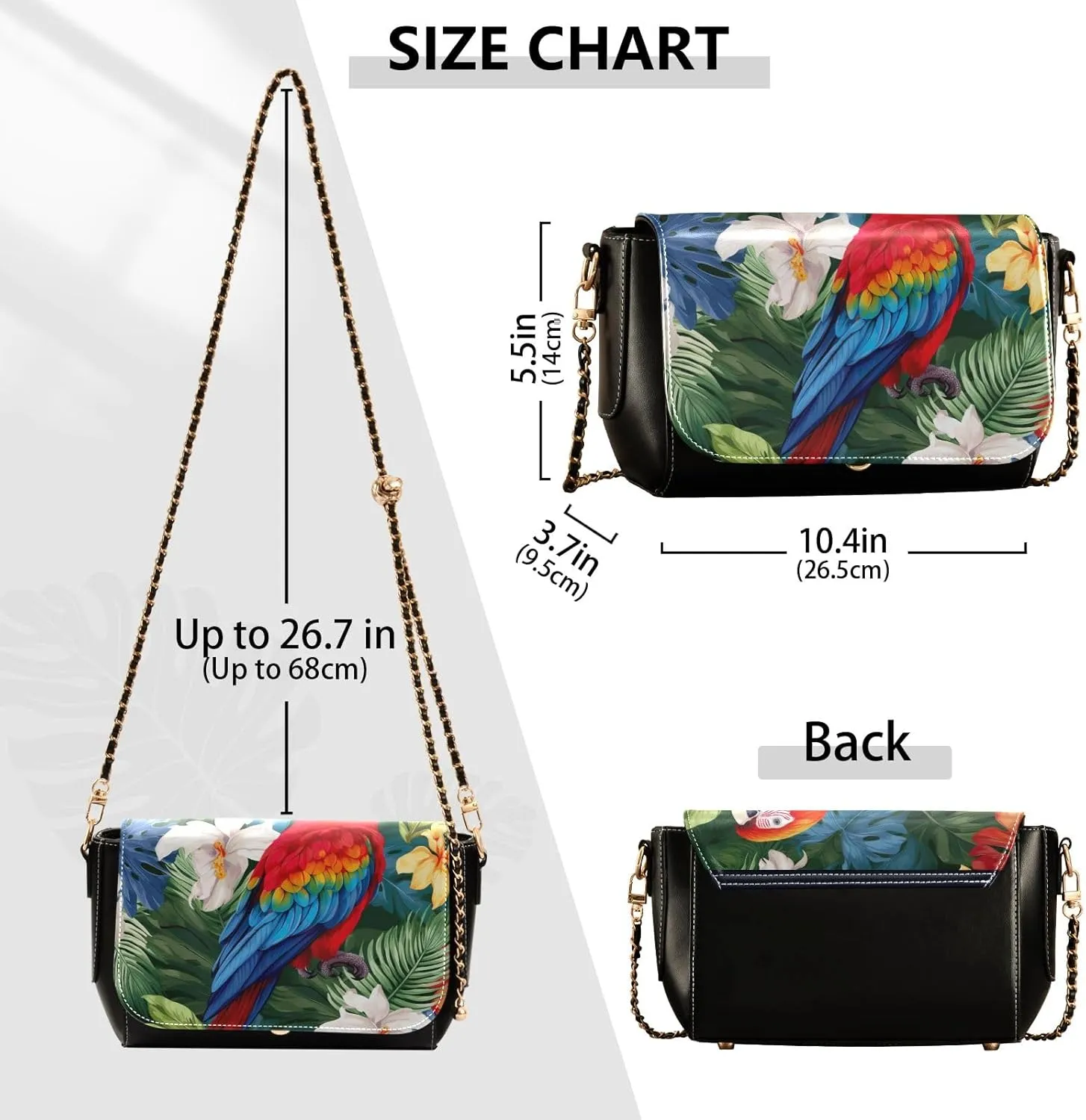 Parrot with Leaves and Flowers Women Leather Crossbody Bag, Crossbody Bags for Women, Zipper Shoulder Bag