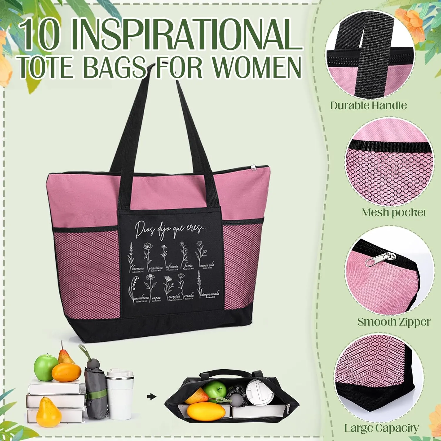 Paterr 10 Pcs Christian Tote Bags Bulk with Pocket Zipper for Women Bible Study Religious Church Gifts for Mother's Day