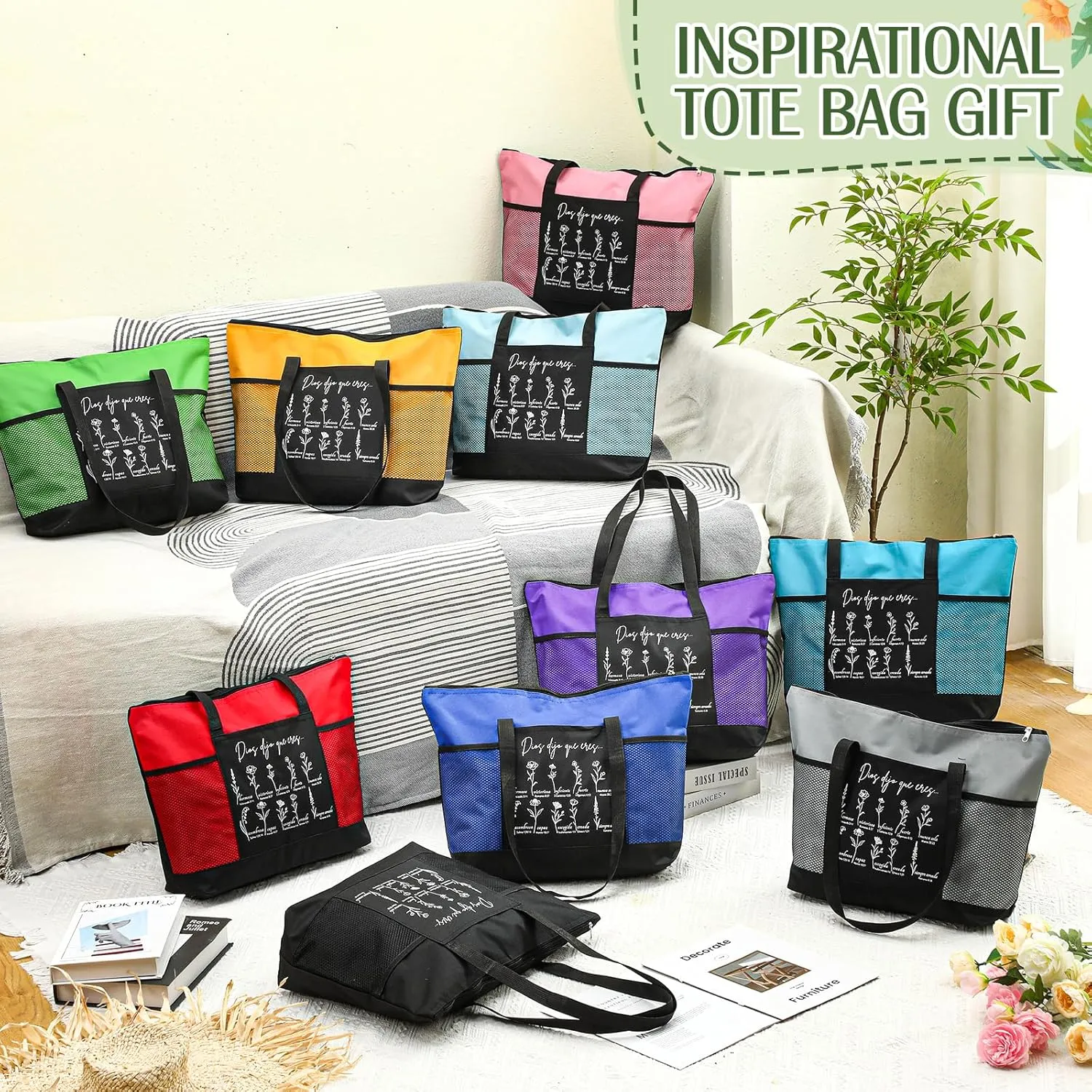 Paterr 10 Pcs Christian Tote Bags Bulk with Pocket Zipper for Women Bible Study Religious Church Gifts for Mother's Day