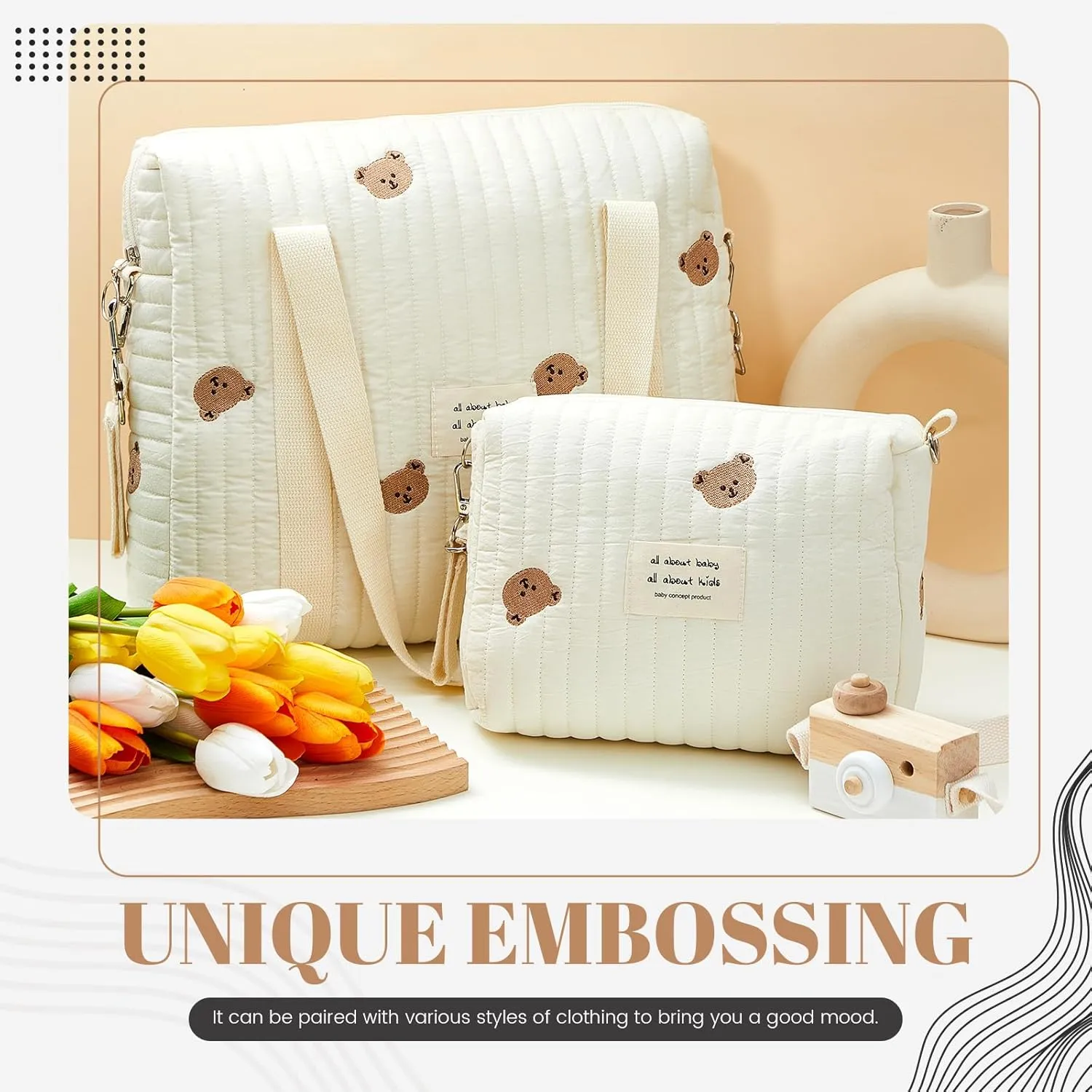 Paterr 2 Pcs Diaper Bag Tote for Women Multifunction Multisize Maternity Bag Quilted Cotton Cute Diaper Bag