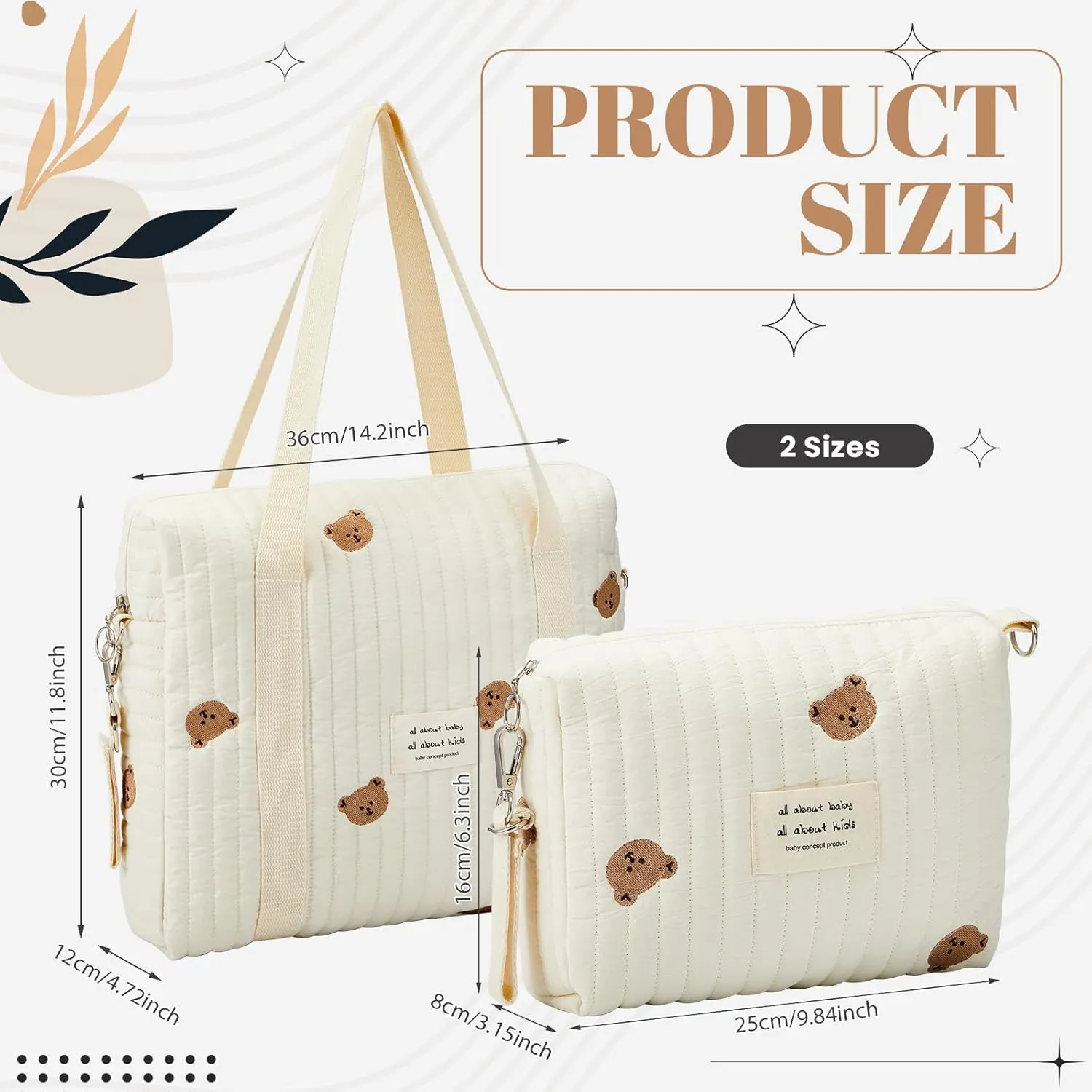 Paterr 2 Pcs Diaper Bag Tote for Women Multifunction Multisize Maternity Bag Quilted Cotton Cute Diaper Bag