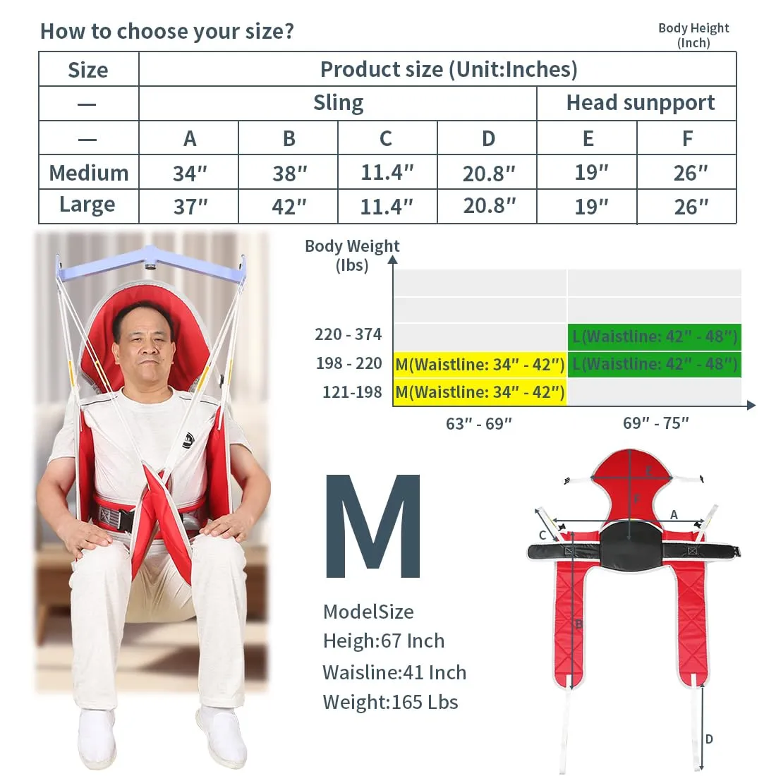 Patient Lift Sling with Thick Pads for Patient Lift,Shower,Toilet - Includes Waist Belt with Buckle - Head Support Option Available (Red, Large,with Head Support,with 1pc Slide Glove)