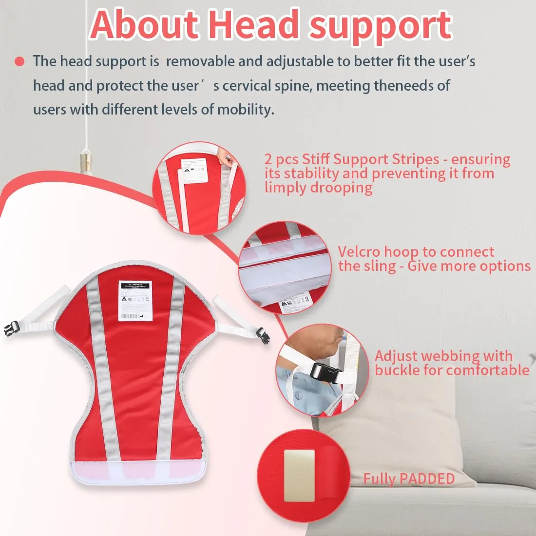 Patient Lift Sling with Thick Pads for Patient Lift,Shower,Toilet - Includes Waist Belt with Buckle - Head Support Option Available (Red, Large,with Head Support,with 1pc Slide Glove)