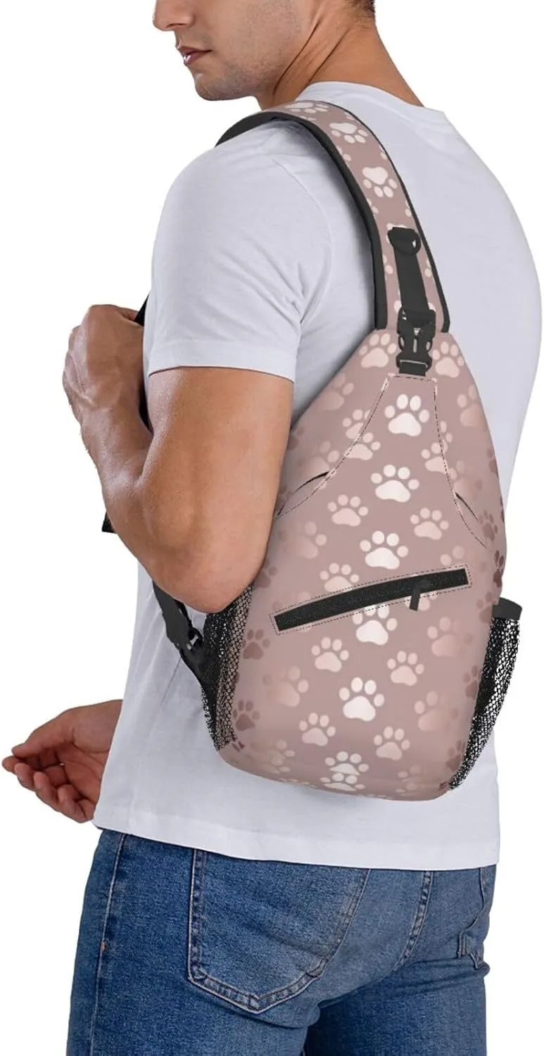 Paw Print Sling Bag for Women Men Rose Gold Dog or Cat Paw Pet Prints Cute Puppy Footprint Crossbody Chest Shoulder Bag Animal Pet Claws Backpack Casual Gym Sports Travel Hiking Daypack