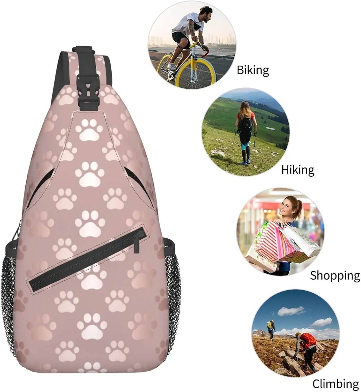 Paw Print Sling Bag for Women Men Rose Gold Dog or Cat Paw Pet Prints Cute Puppy Footprint Crossbody Chest Shoulder Bag Animal Pet Claws Backpack Casual Gym Sports Travel Hiking Daypack
