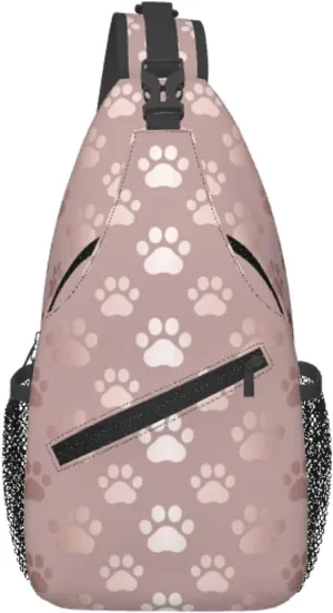 Paw Print Sling Bag for Women Men Rose Gold Dog or Cat Paw Pet Prints Cute Puppy Footprint Crossbody Chest Shoulder Bag Animal Pet Claws Backpack Casual Gym Sports Travel Hiking Daypack