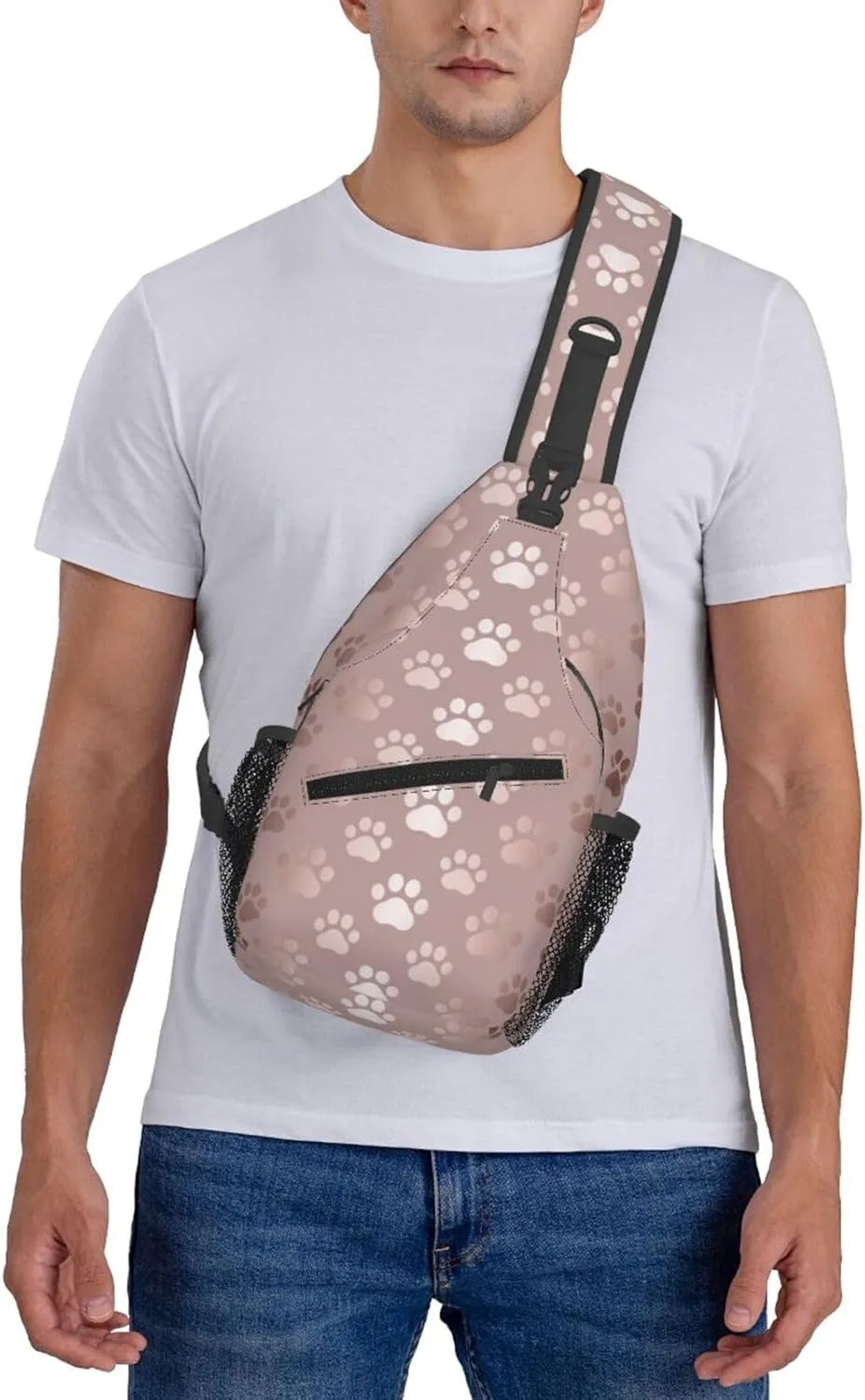 Paw Print Sling Bag for Women Men Rose Gold Dog or Cat Paw Pet Prints Cute Puppy Footprint Crossbody Chest Shoulder Bag Animal Pet Claws Backpack Casual Gym Sports Travel Hiking Daypack