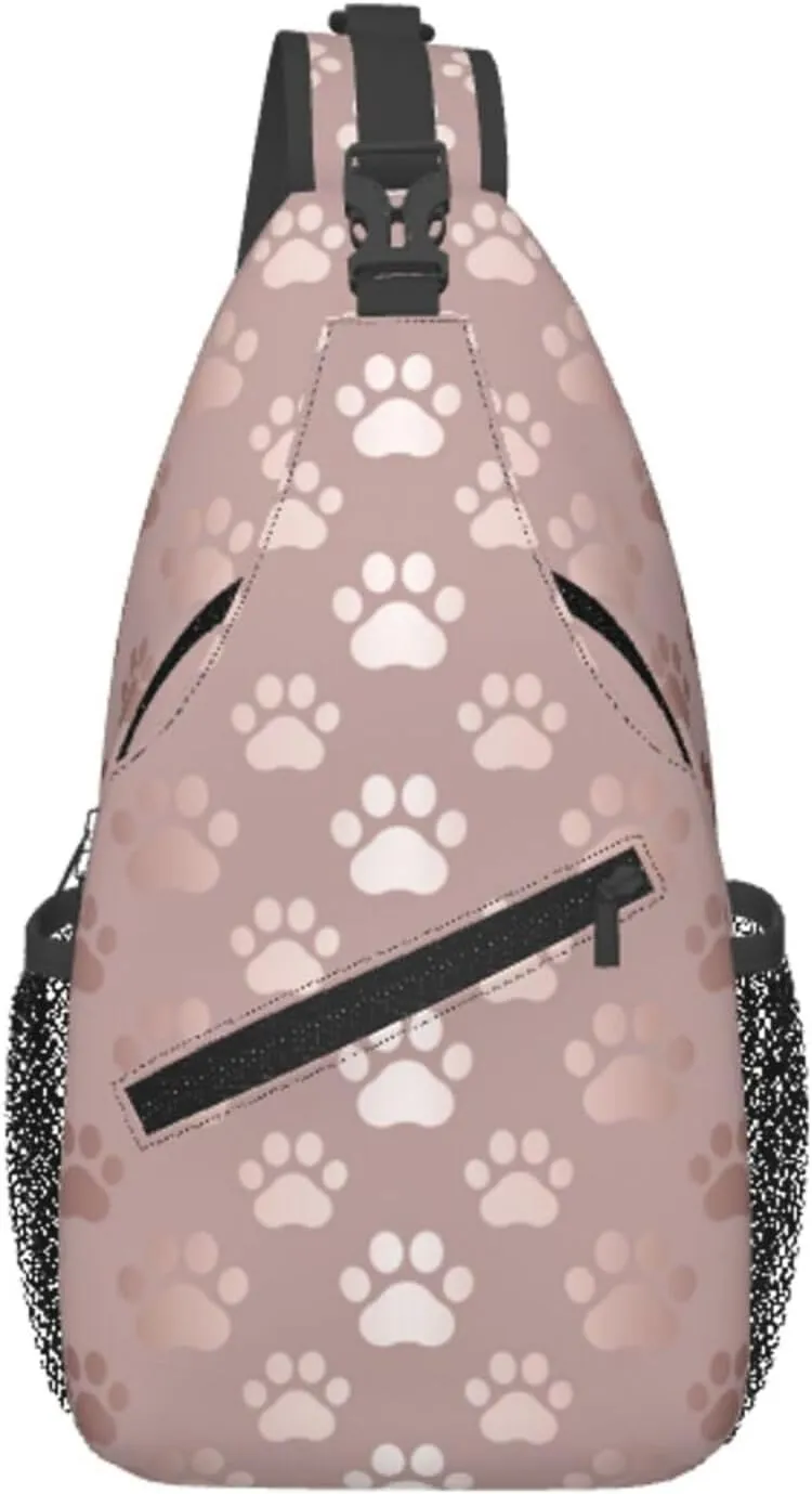 Paw Print Sling Bag for Women Men Rose Gold Dog or Cat Paw Pet Prints Cute Puppy Footprint Crossbody Chest Shoulder Bag Animal Pet Claws Backpack Casual Gym Sports Travel Hiking Daypack