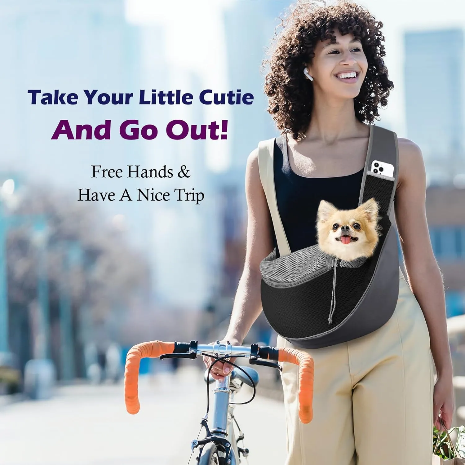 Pawaboo Pet Dog Sling Carrier, Hand Free Drawstring Dog Papoose with Adjustable Strap, Breathable Mesh Bag for Puppy Cat, Crossbody Satchel Dog Purse with Pocket for Outdoor, Dark Gray Black, Medium