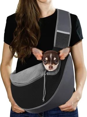Pawaboo Pet Dog Sling Carrier, Hand Free Drawstring Dog Papoose with Adjustable Strap, Breathable Mesh Bag for Puppy Cat, Crossbody Satchel Dog Purse with Pocket for Outdoor, Dark Gray Black, Medium