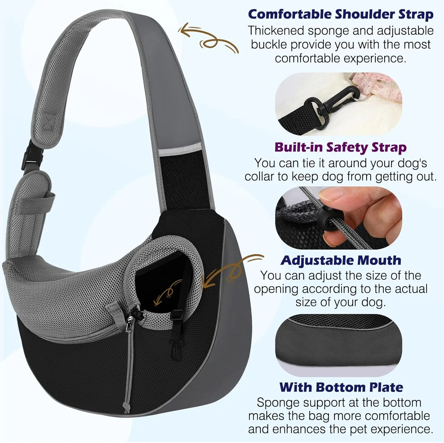 Pawaboo Pet Dog Sling Carrier, Hand Free Drawstring Dog Papoose with Adjustable Strap, Breathable Mesh Bag for Puppy Cat, Crossbody Satchel Dog Purse with Pocket for Outdoor, Dark Gray Black, Medium