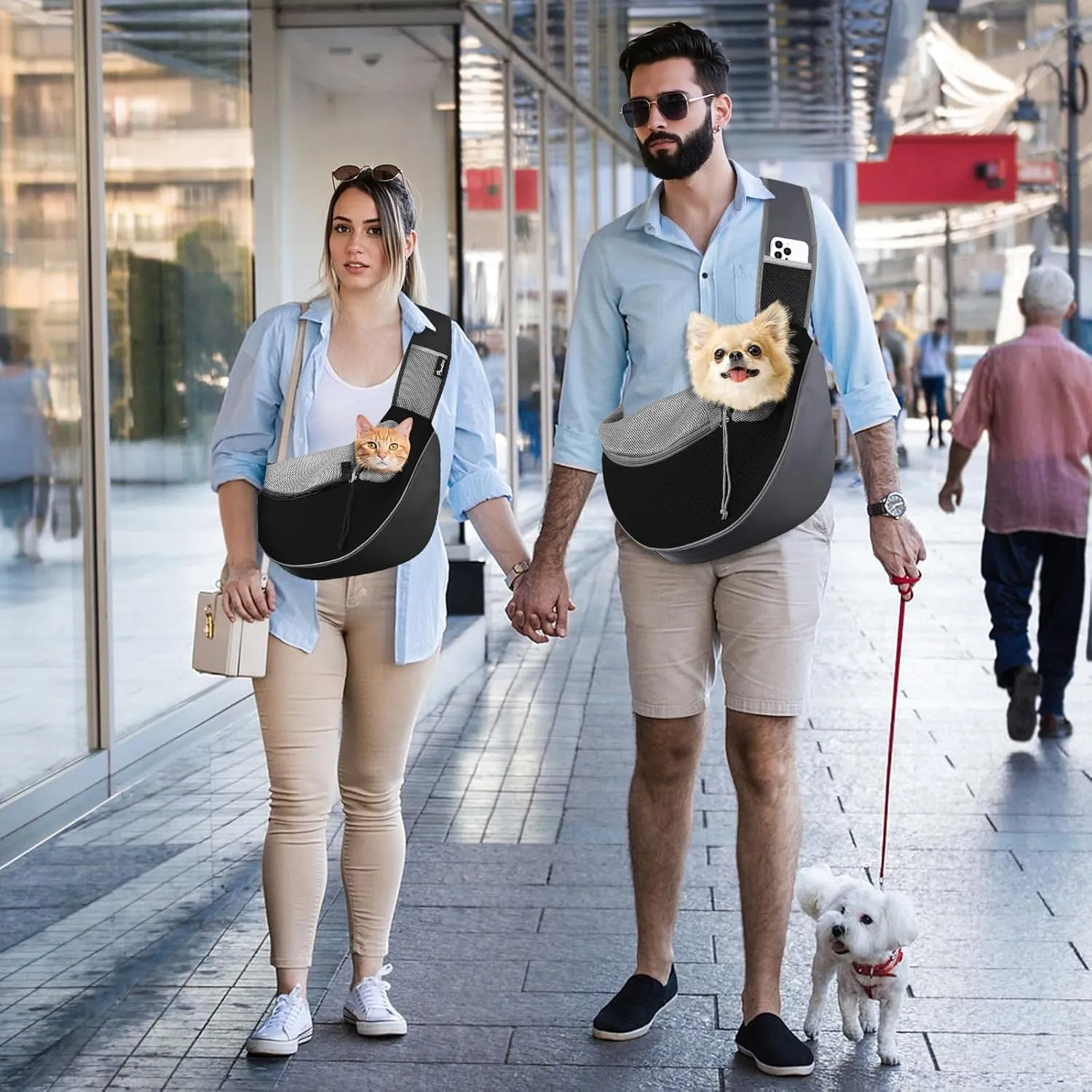 Pawaboo Pet Dog Sling Carrier, Hand Free Drawstring Dog Papoose with Adjustable Strap, Breathable Mesh Bag for Puppy Cat, Crossbody Satchel Dog Purse with Pocket for Outdoor, Dark Gray Black, Medium